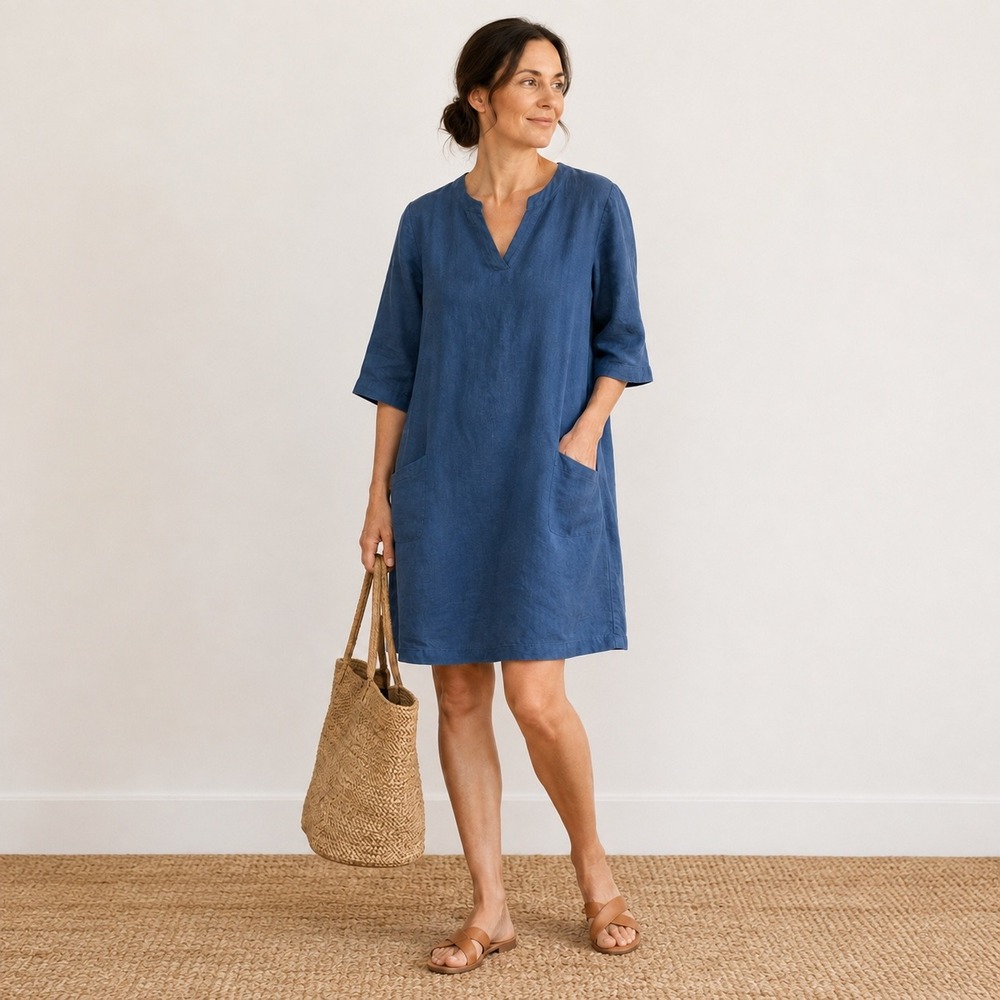 Len.Ok 100% Linen Dress M Blue 3/4 Sleeve Pockets Lagenlook Coastal